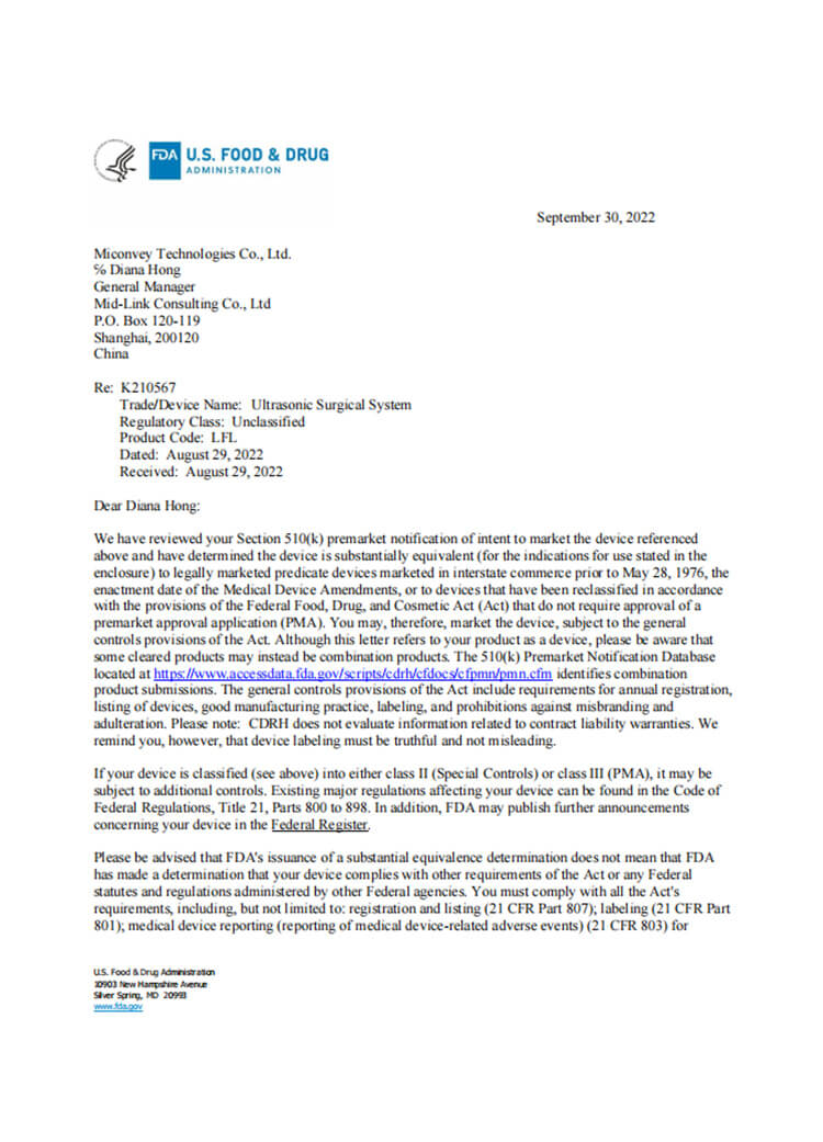 FDA certificate of Ultrasonic Scalpel